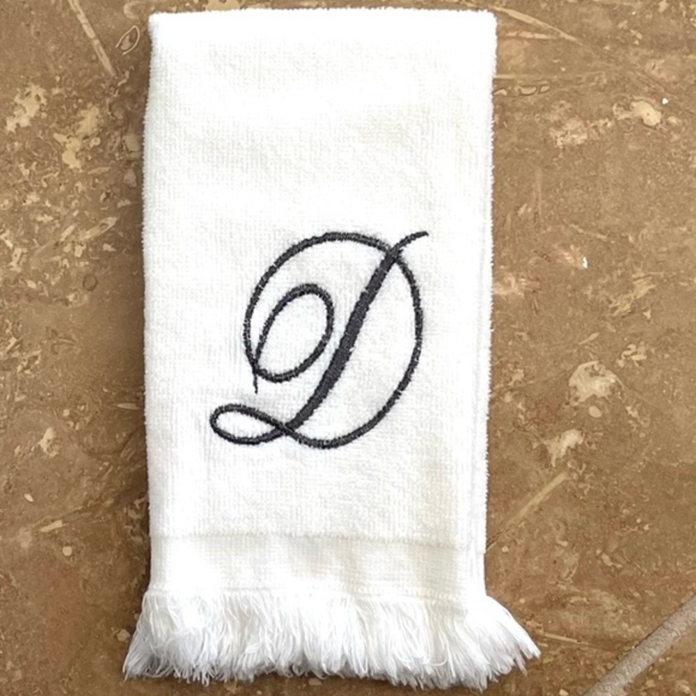 5 for $25! Monogram D White Hand Towel with Fringed Edge
